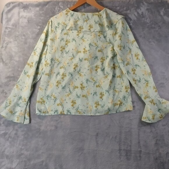 Vintage Floral Ruffle Blouse Mint Yellow Ditsy Print Tie‎ Neck Flare Sleeve - Picture 2 of 9